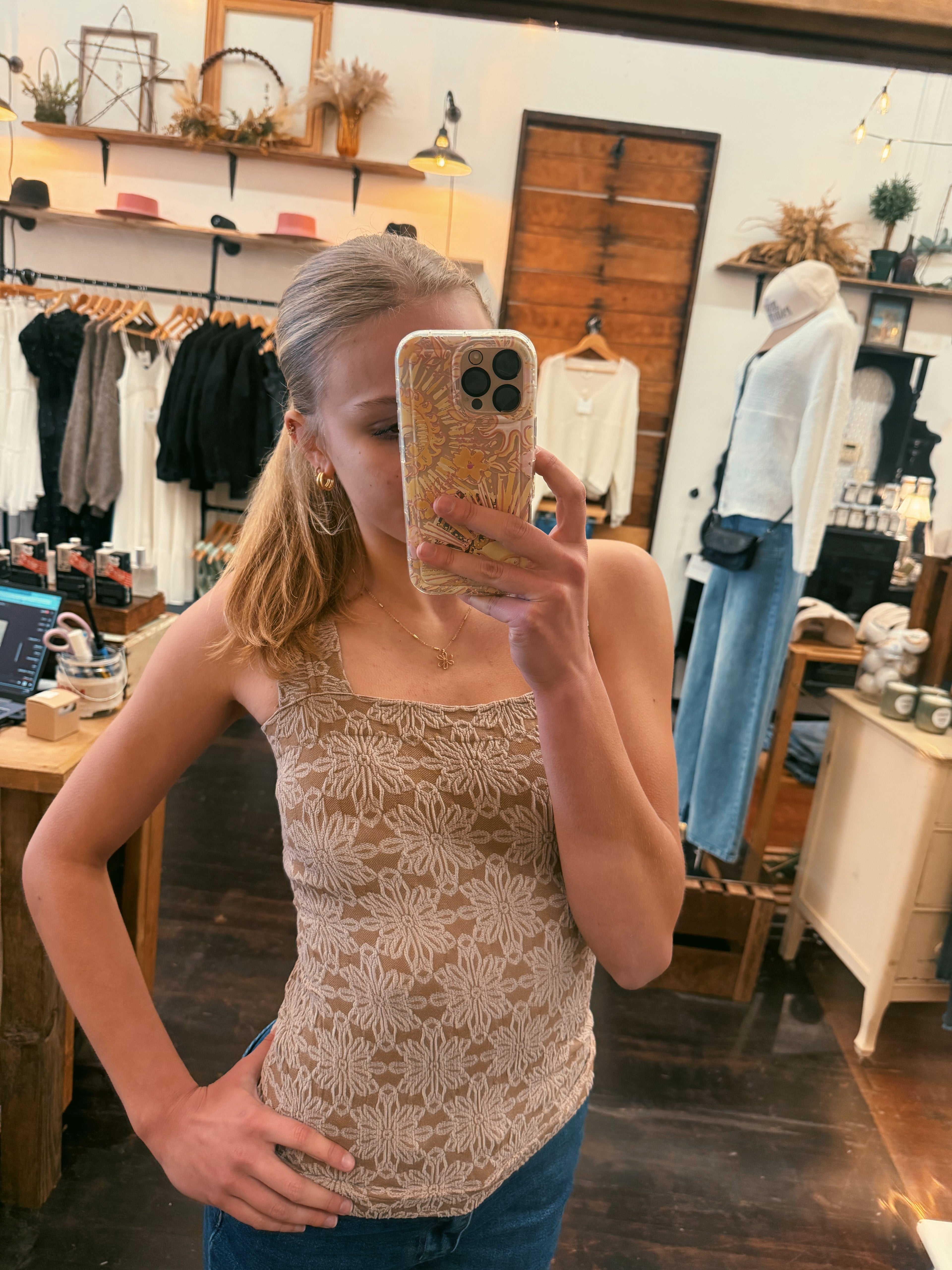 Floral Jacquard Square Neck Top