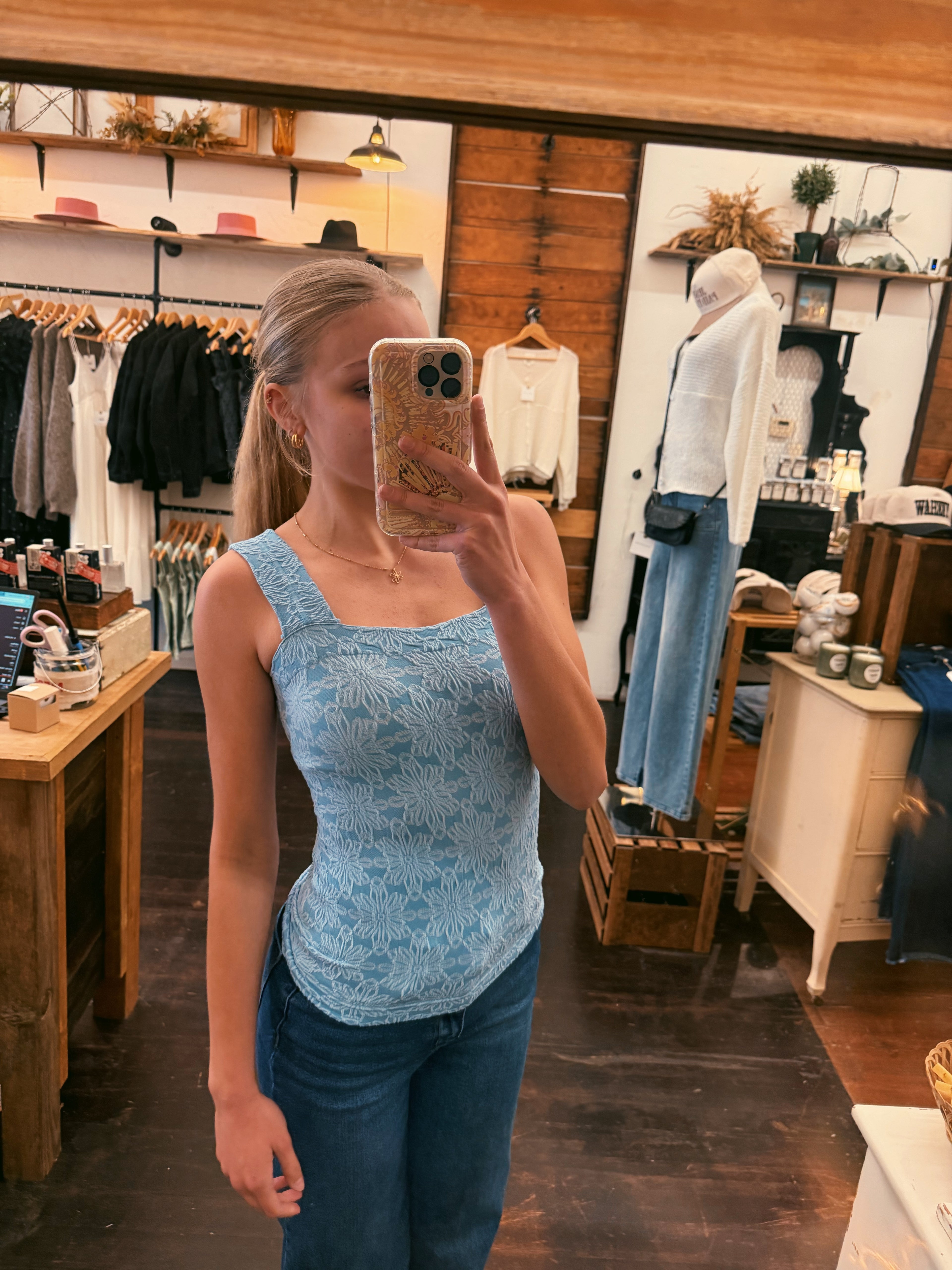 Floral Jacquard Square Neck Top