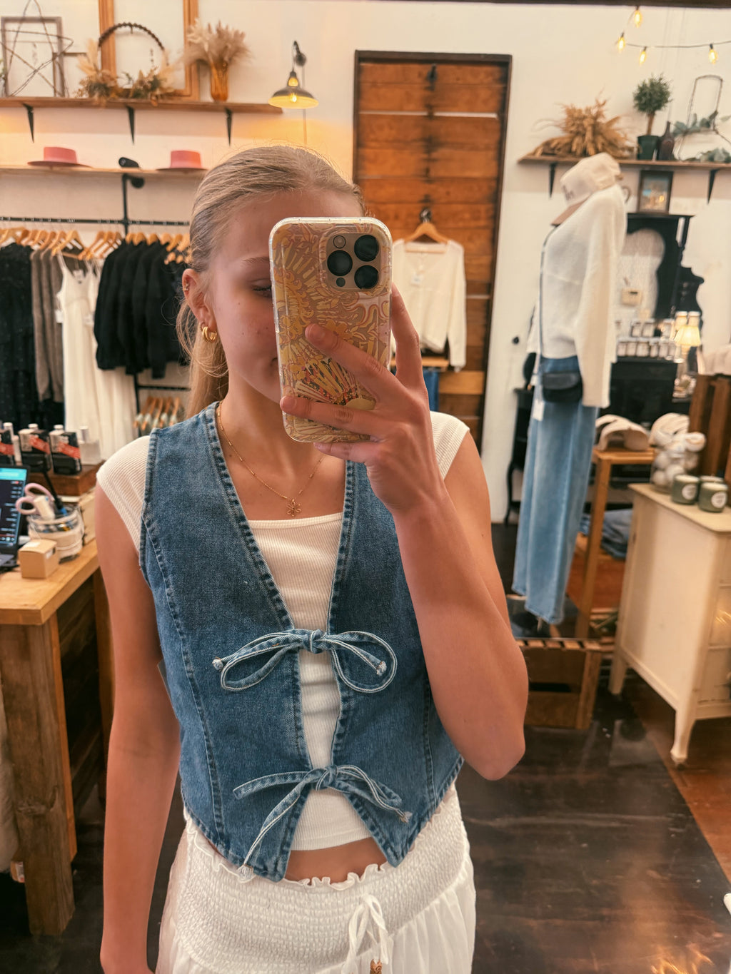 Washed Denim Vest With Front Bow Ties