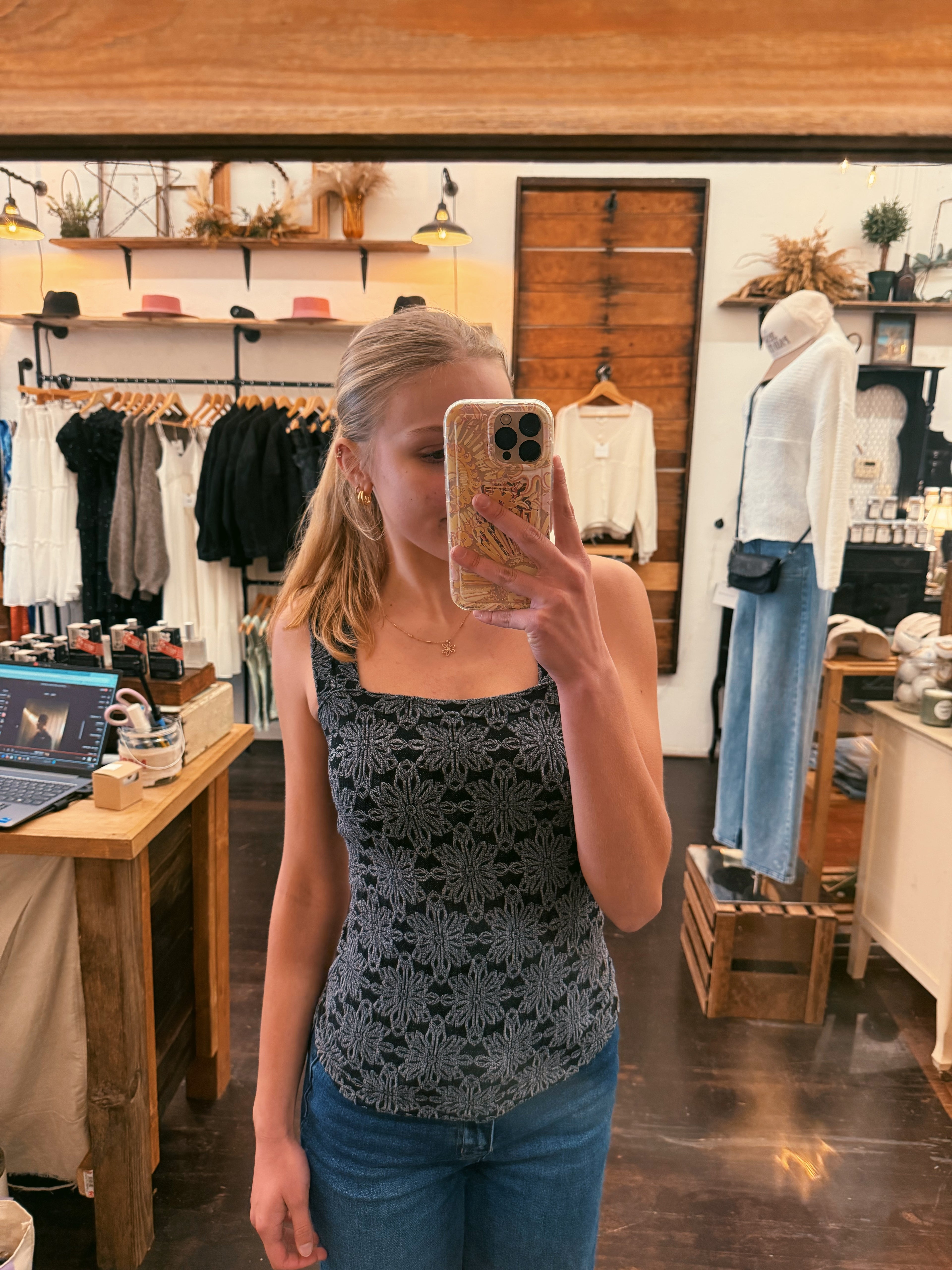 Floral Jacquard Square Neck Top