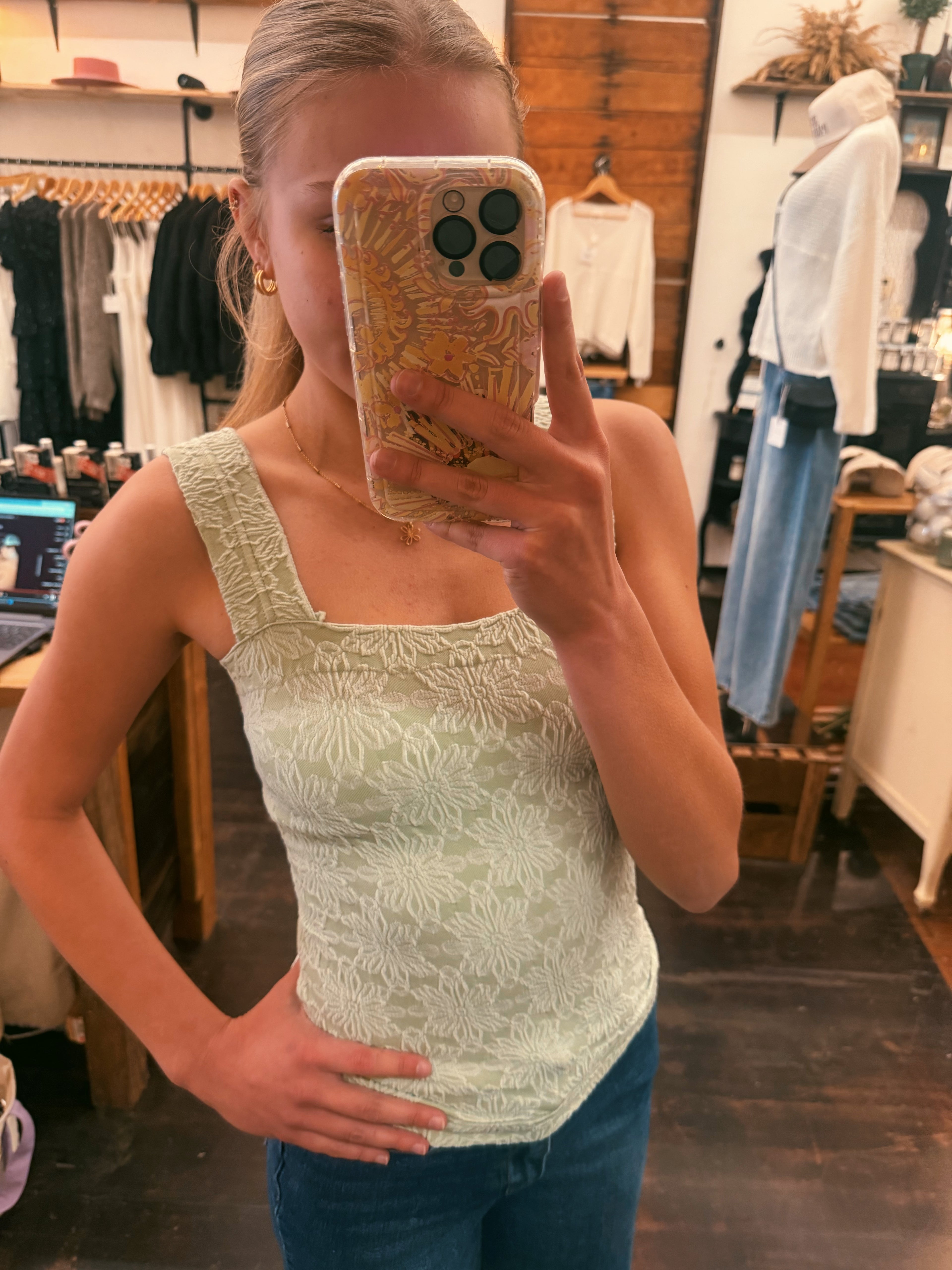Floral Jacquard Square Neck Top
