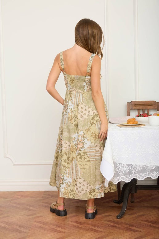 MULTI-PATTERN SLEEVELESS CORSET MIDI DRESS