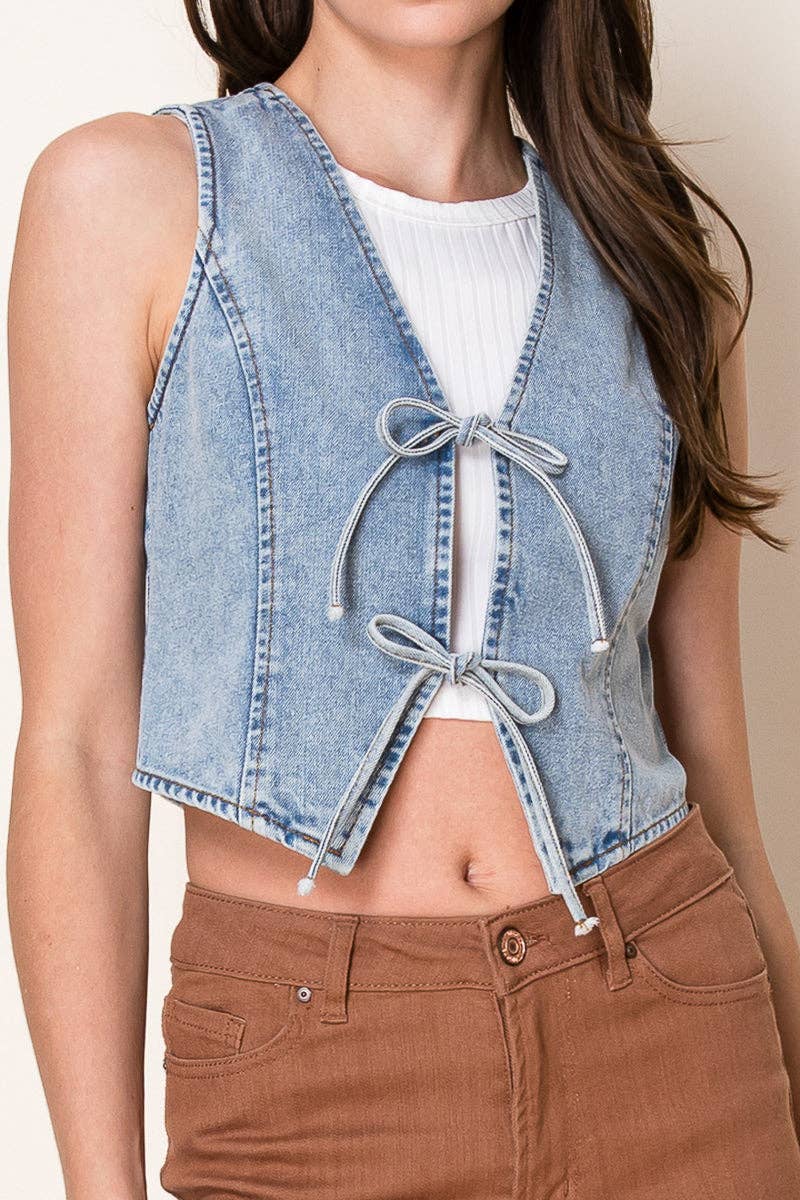 Washed Denim Vest With Front Bow Ties