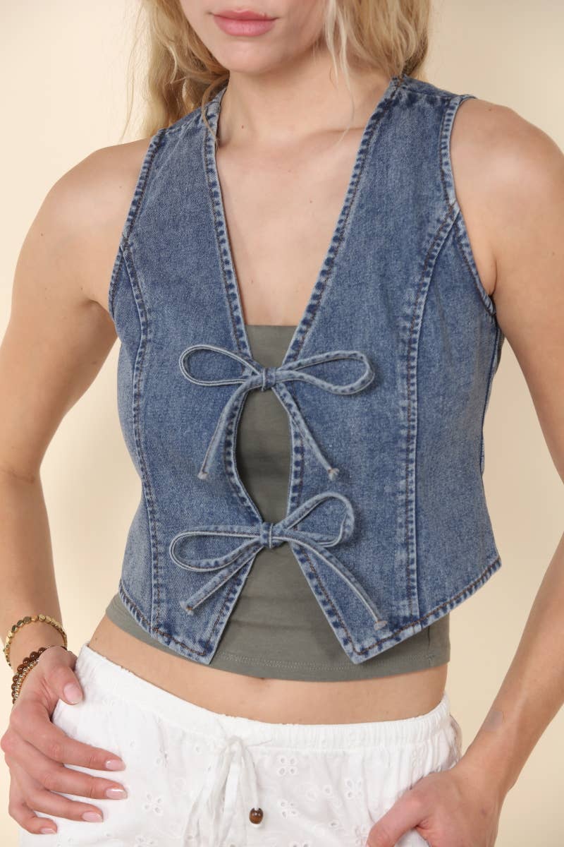 Washed Denim Vest With Front Bow Ties
