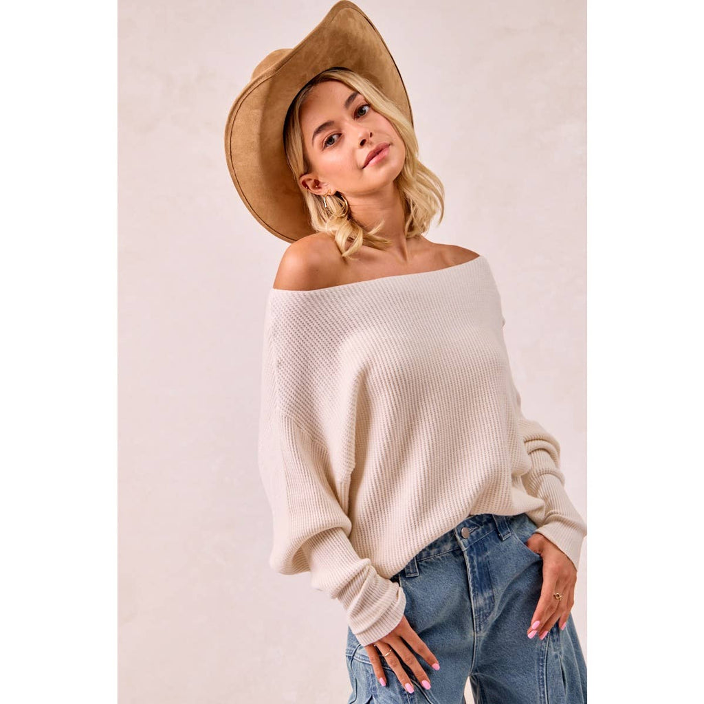 WAFFLE KNIT OFF SHOULDER TOP