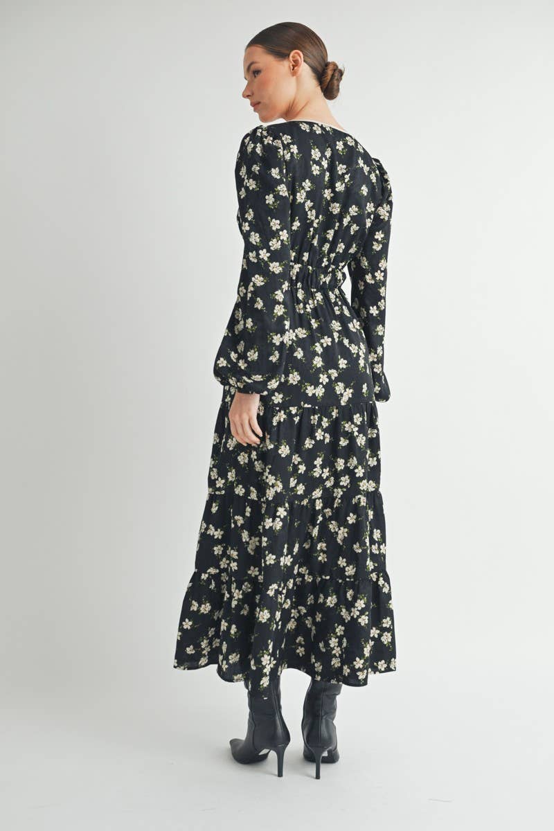 Floral Print Maxi Dress with Puff Sleeves