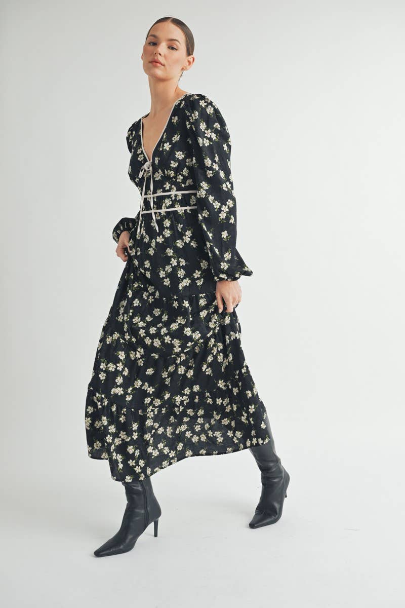 Floral Print Maxi Dress with Puff Sleeves