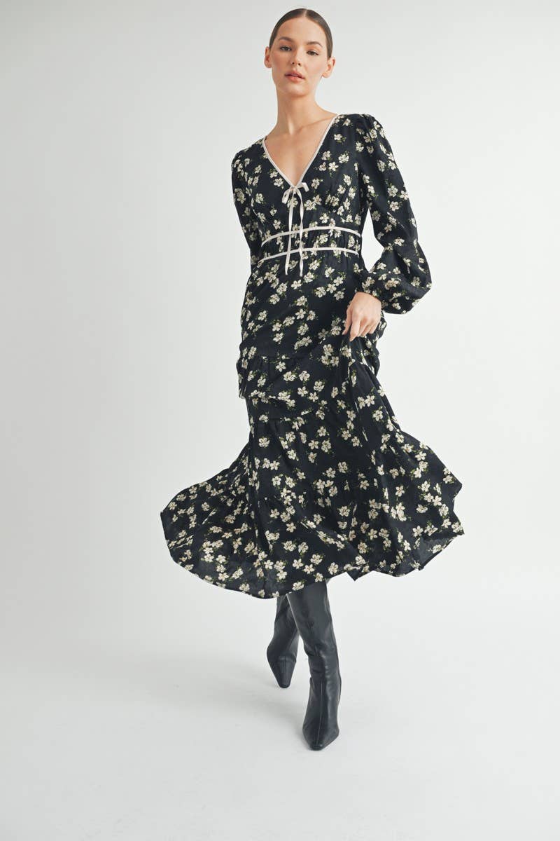 Floral Print Maxi Dress with Puff Sleeves
