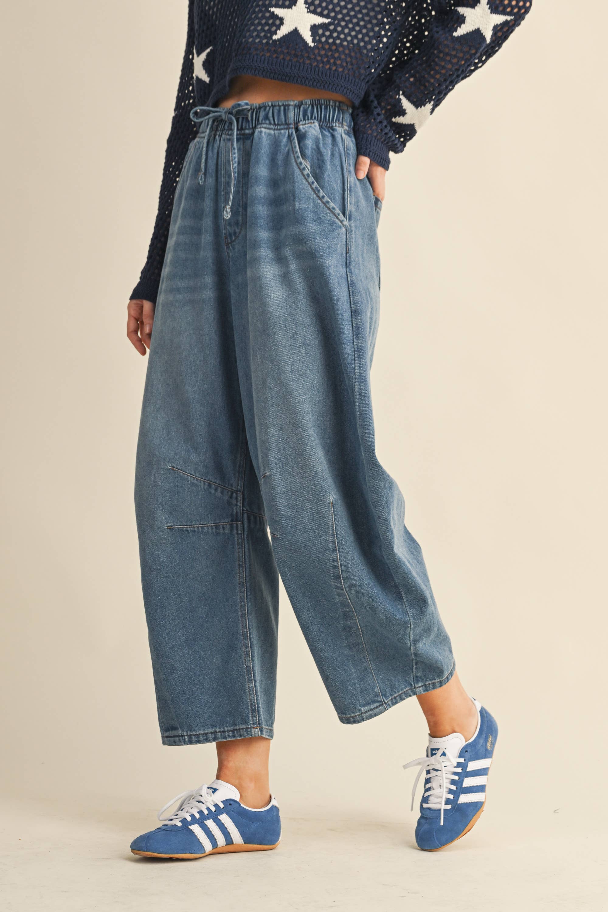DRAWSTRING ELASTIC WAIST RELAXED BARREL PANTS