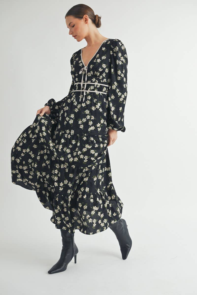 Floral Print Maxi Dress with Puff Sleeves