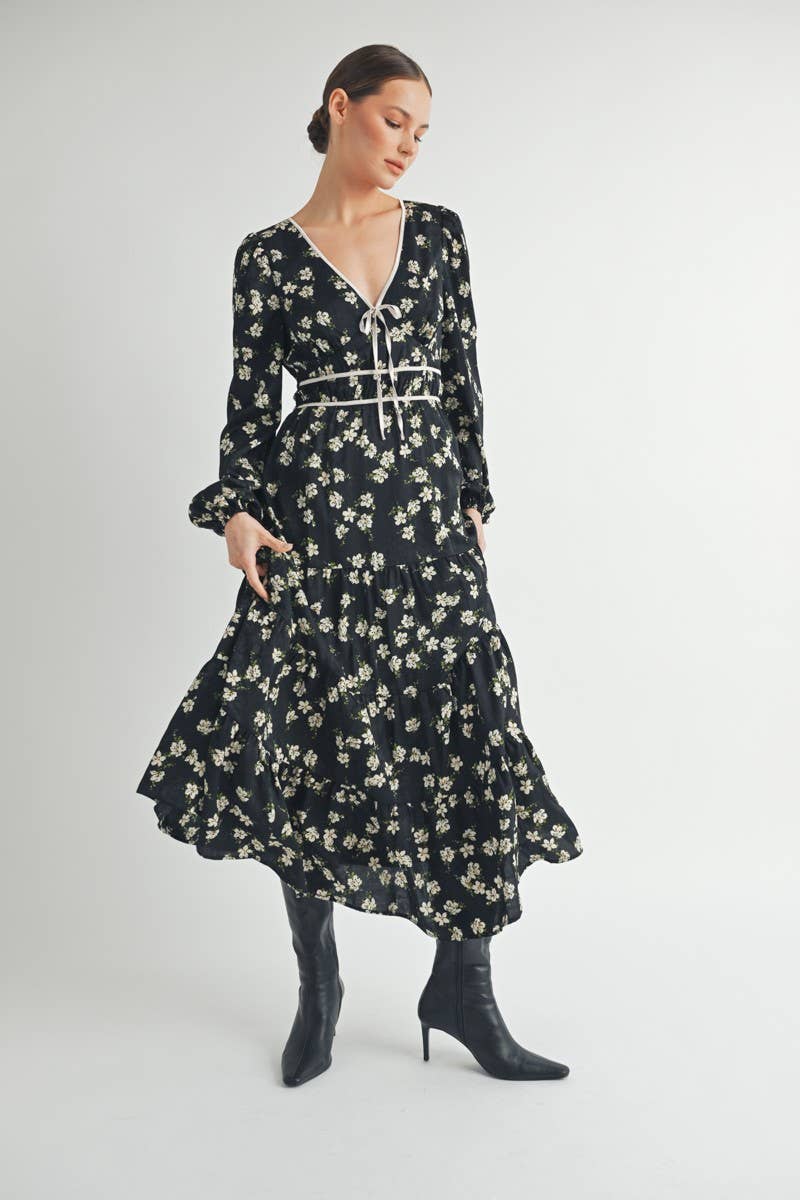 Floral Print Maxi Dress with Puff Sleeves