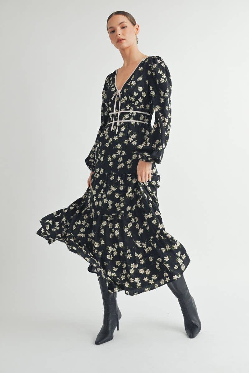 Floral Print Maxi Dress with Puff Sleeves